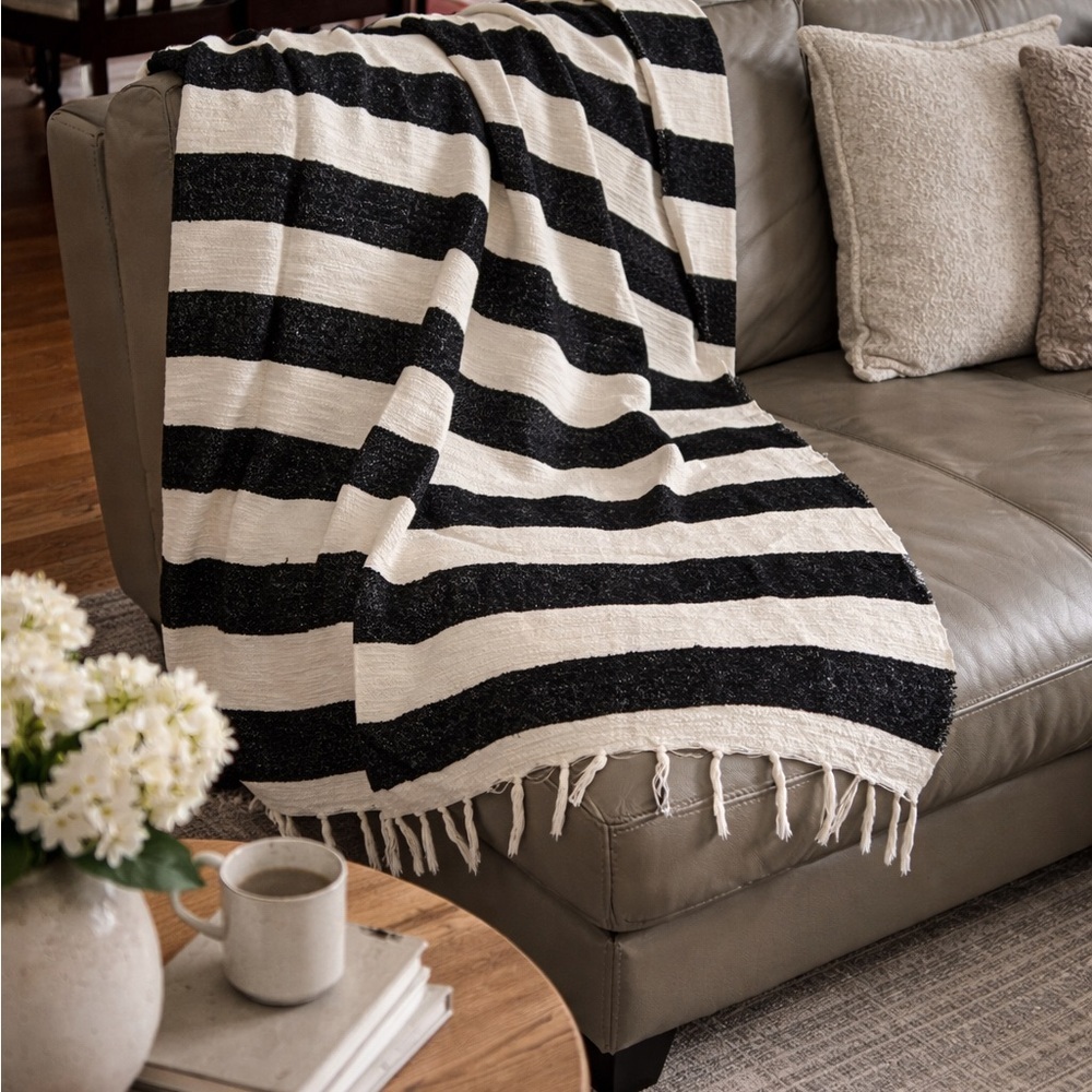 Black & Ivory Striped Woven Throw Blanket | Modern Minimal Home Decor
